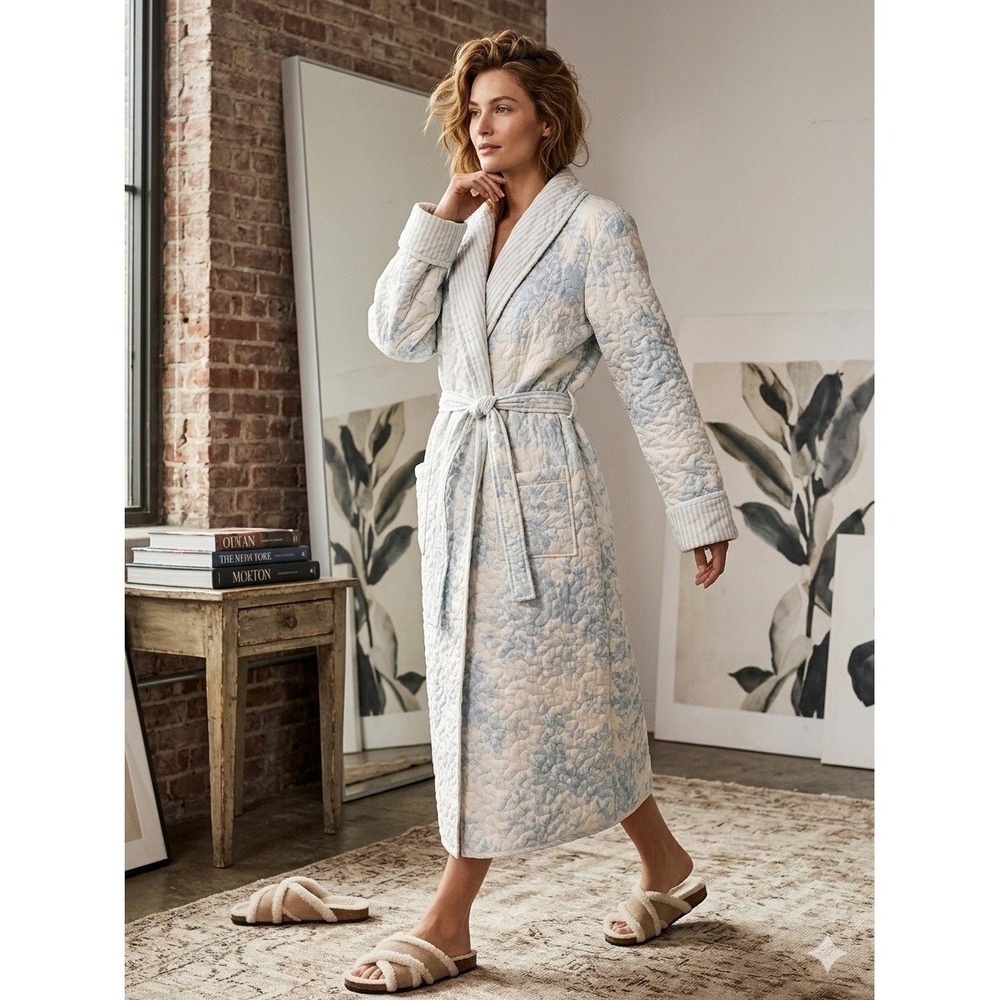 NWT Ida Mae Home Claire Floral Blue Quilted Maxi Coat / Robe - Size Large